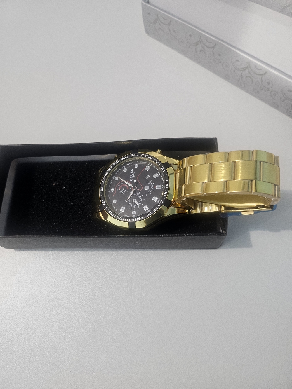 Russ Gold-Tone Bracelet Chronograph Watch with Black Dial